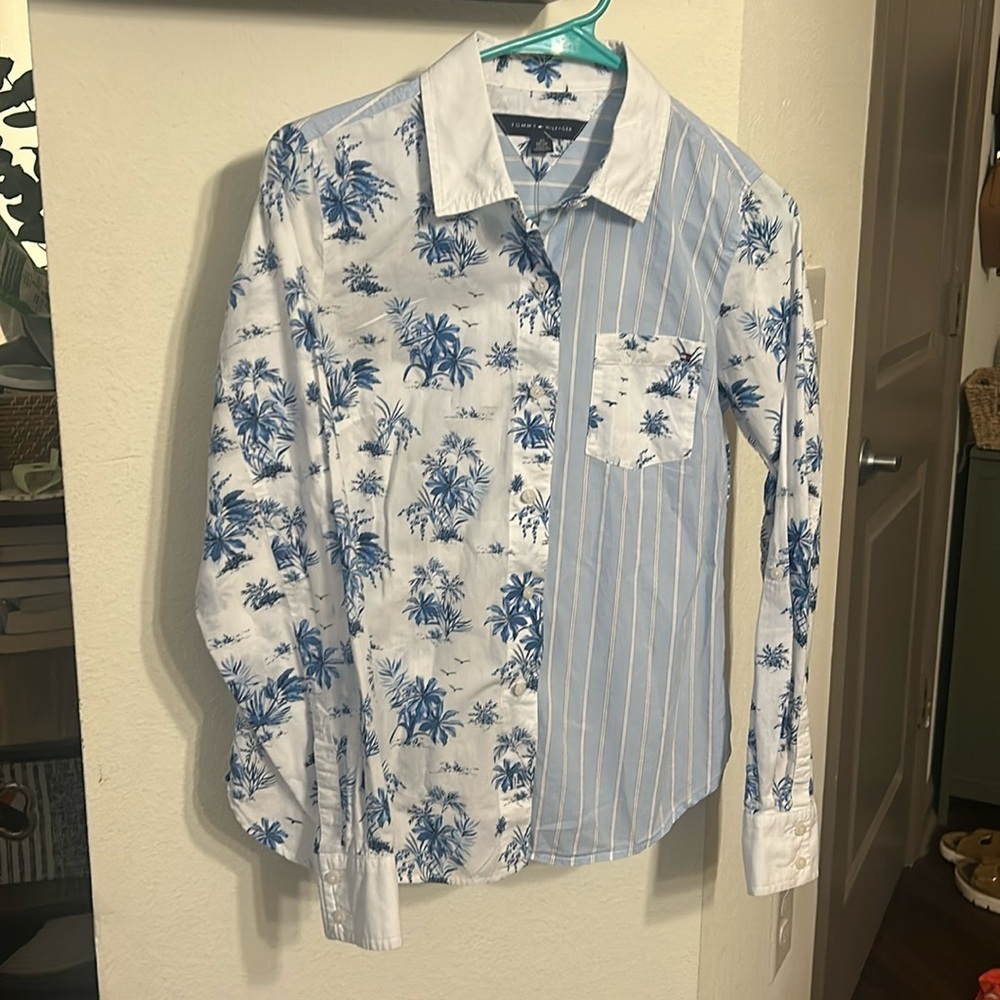 Tommy Hilfiger Women's Double Print Cotton Shirt Blue Size X-Small P
